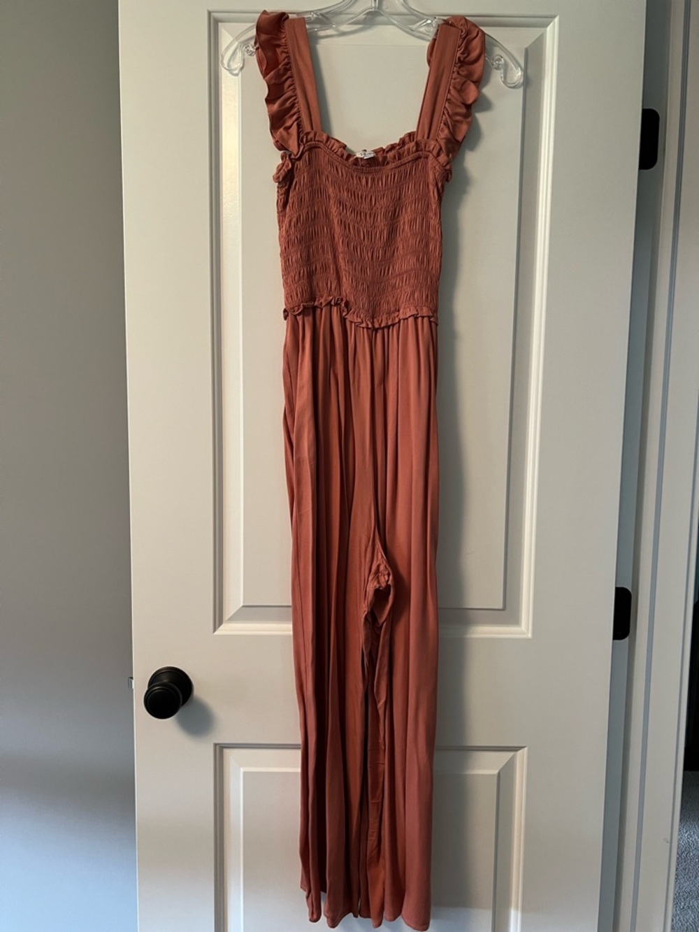 Love Rust-Tone Smocked Ruffle Strap Jumpsuit